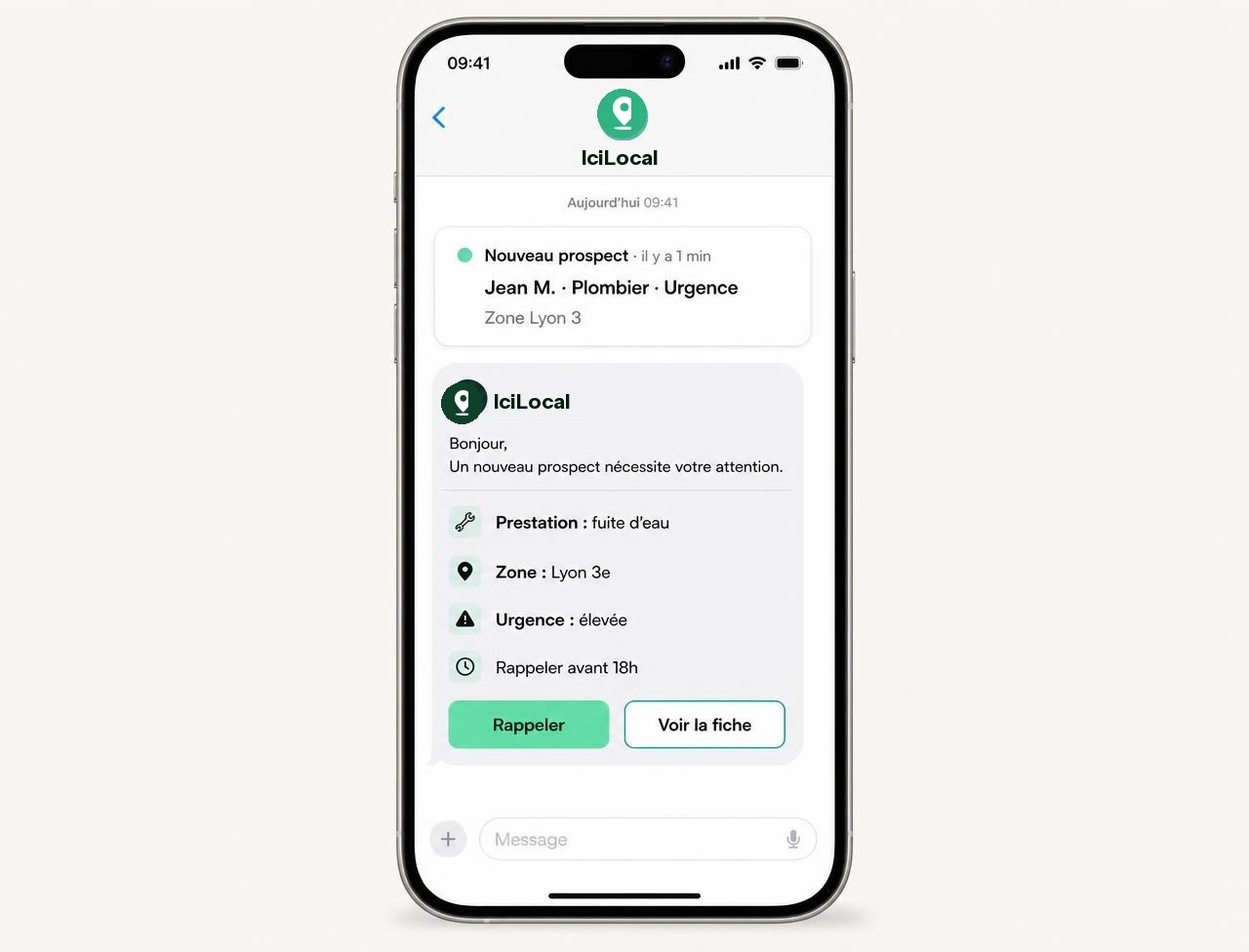 Résumé d'appel structuré reçu par SMS sur mobile
