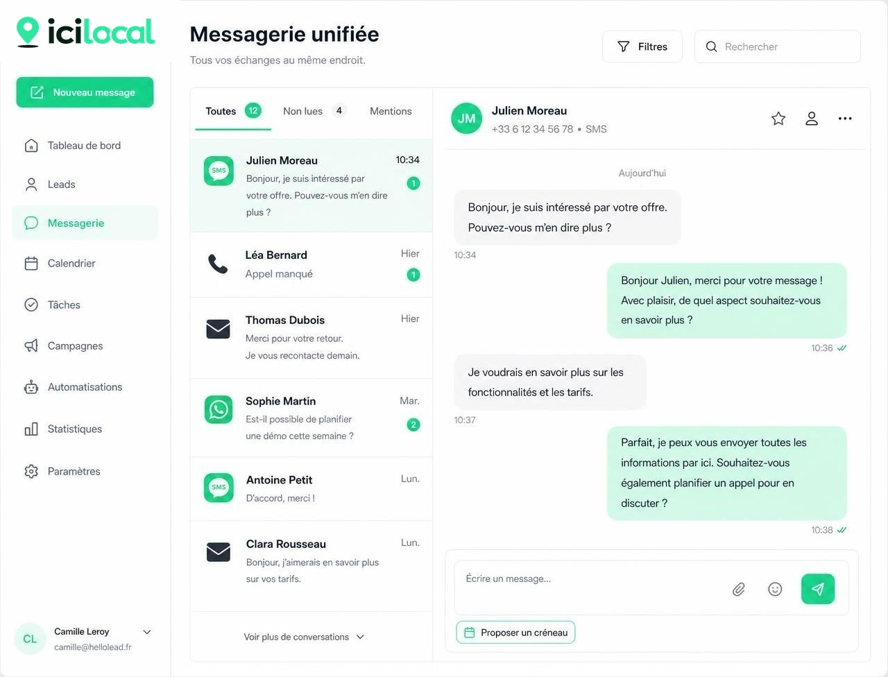 Inbox mobile réunissant appels, SMS et demandes de devis